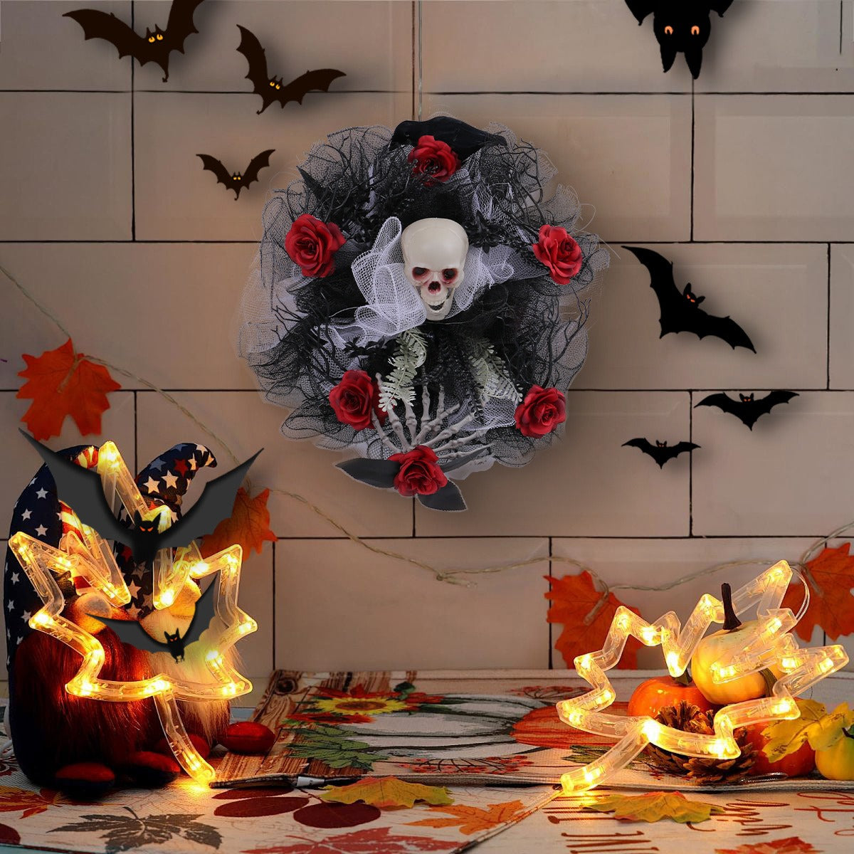 Halloween Red Rose Skull Mesh Wreath