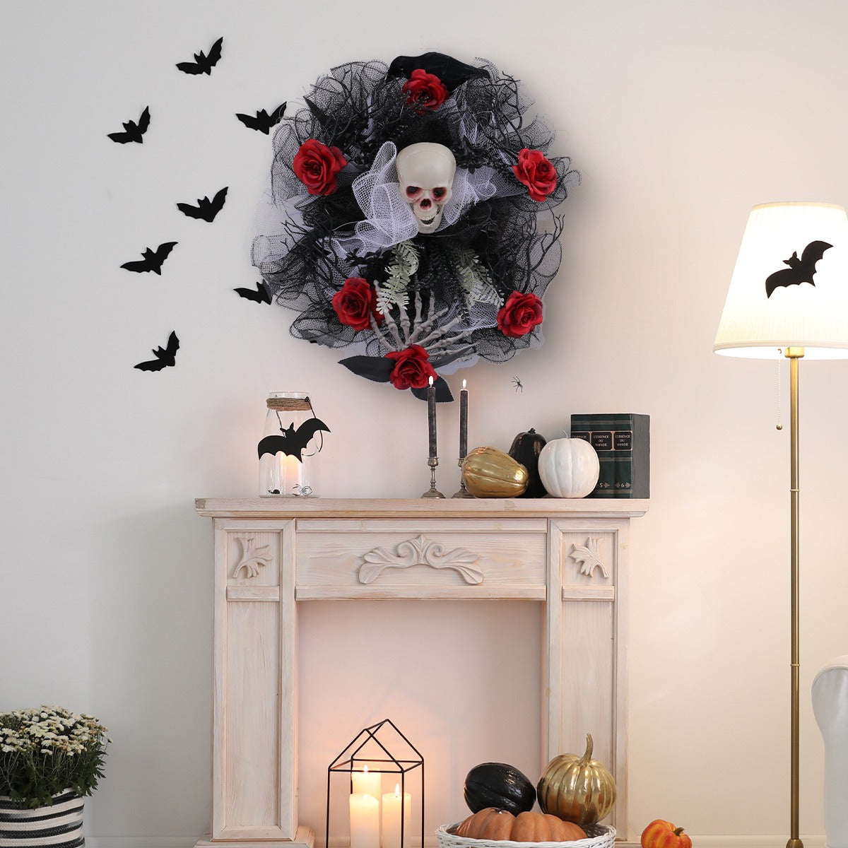 Halloween Red Rose Skull Mesh Wreath
