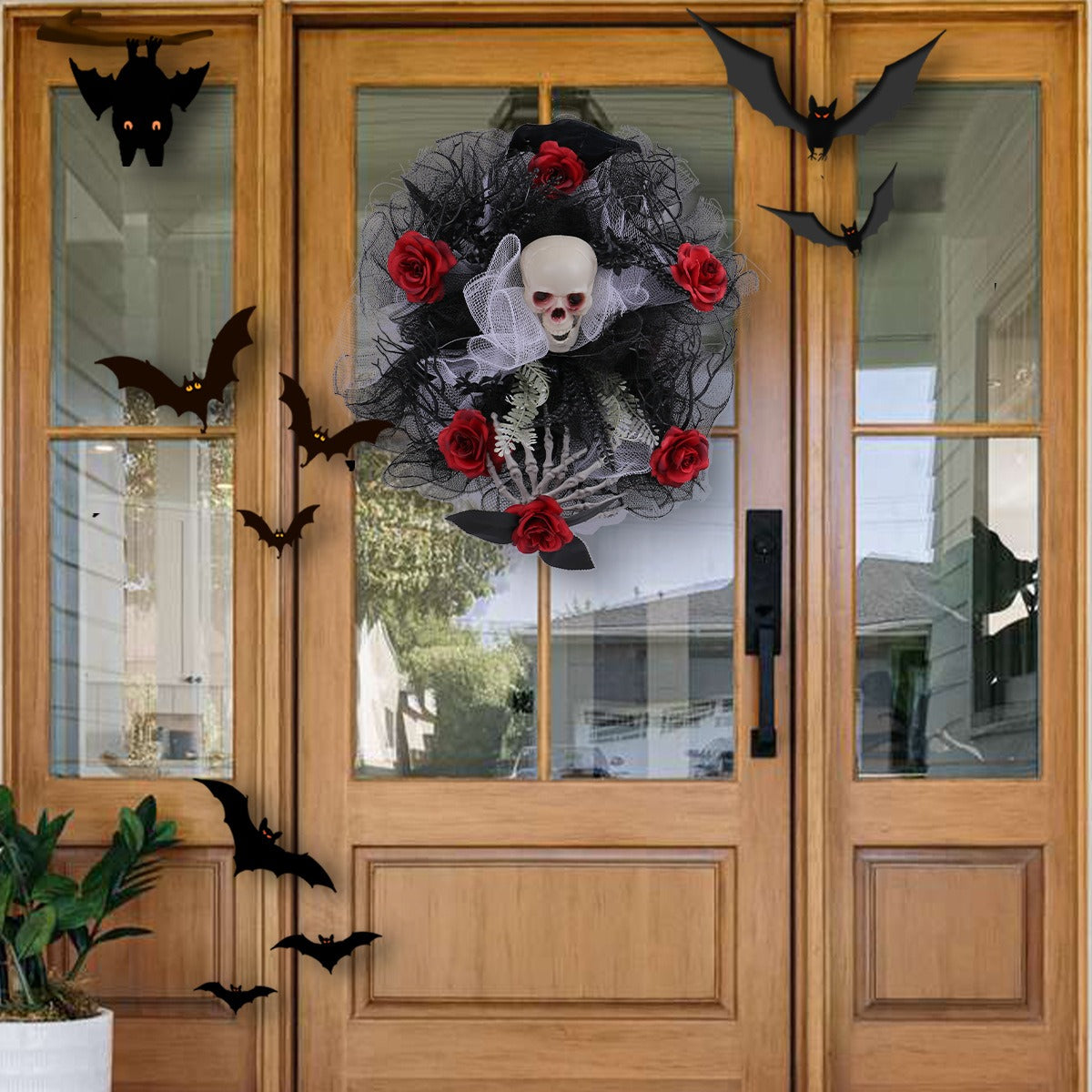 Halloween Red Rose Skull Mesh Wreath