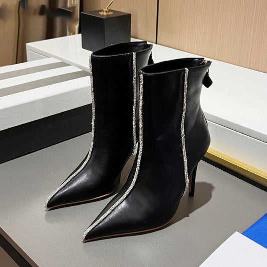 Suede Leather Rhinestone Ankle Boots