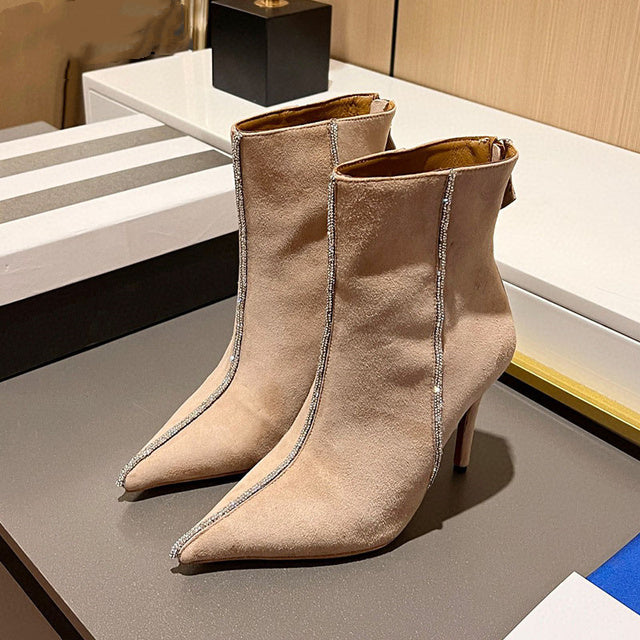 Suede Leather Rhinestone Ankle Boots