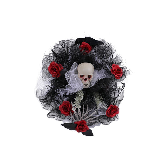 Halloween Red Rose Skull Mesh Wreath