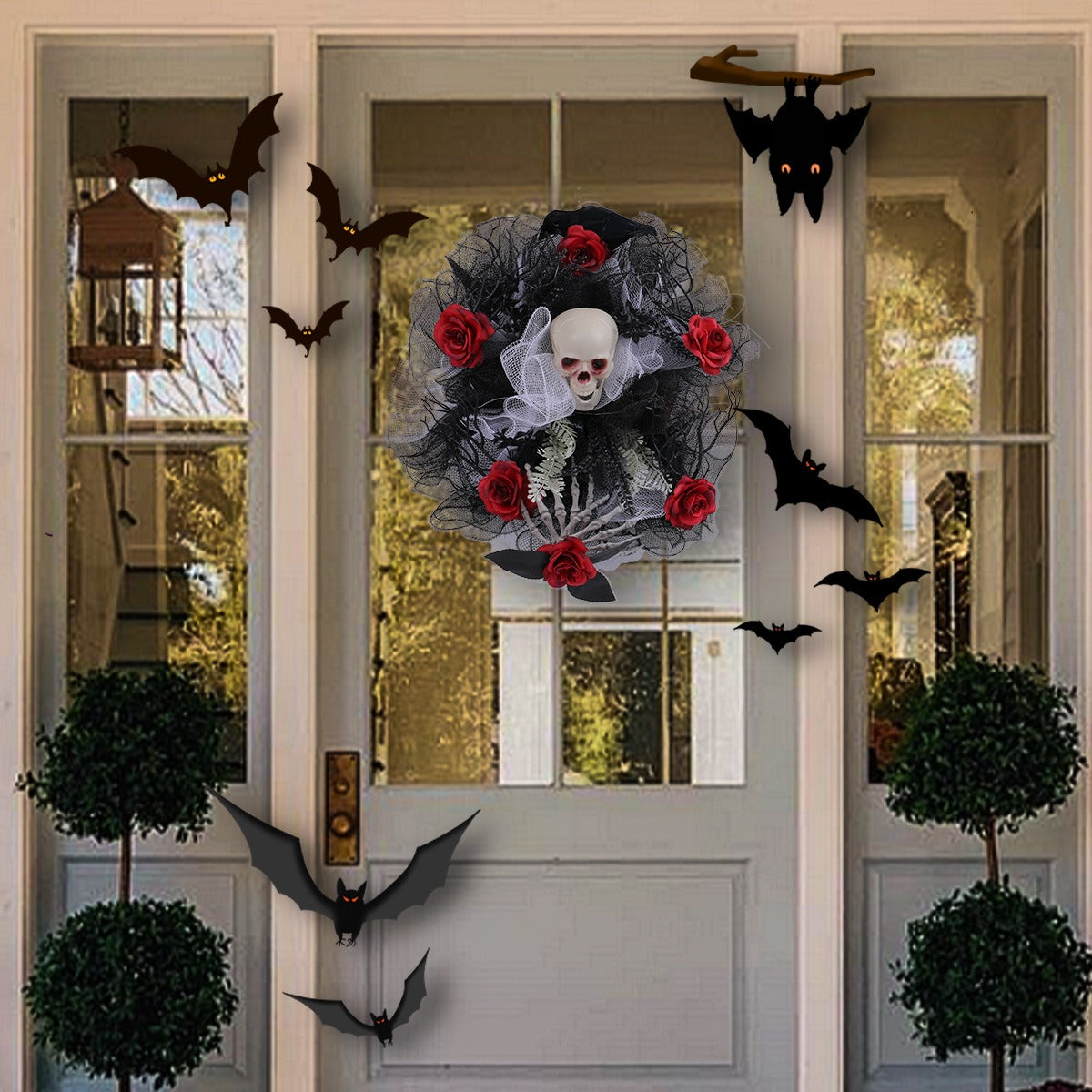 Halloween Red Rose Skull Mesh Wreath