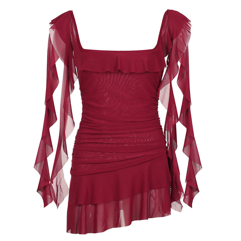 Sexy Ruffled Irregular Mesh Dress