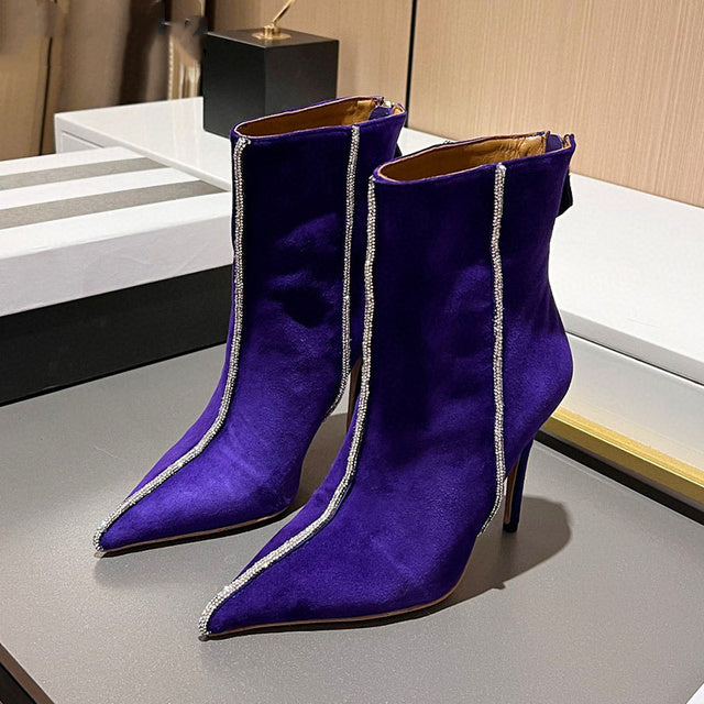 Suede Leather Rhinestone Ankle Boots